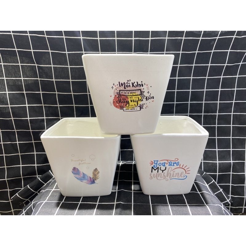 Chậu Sứ Vuông Men Bát Tràng Cao Cấp, Chậu Sứ Có Decal Hình Trang Trí